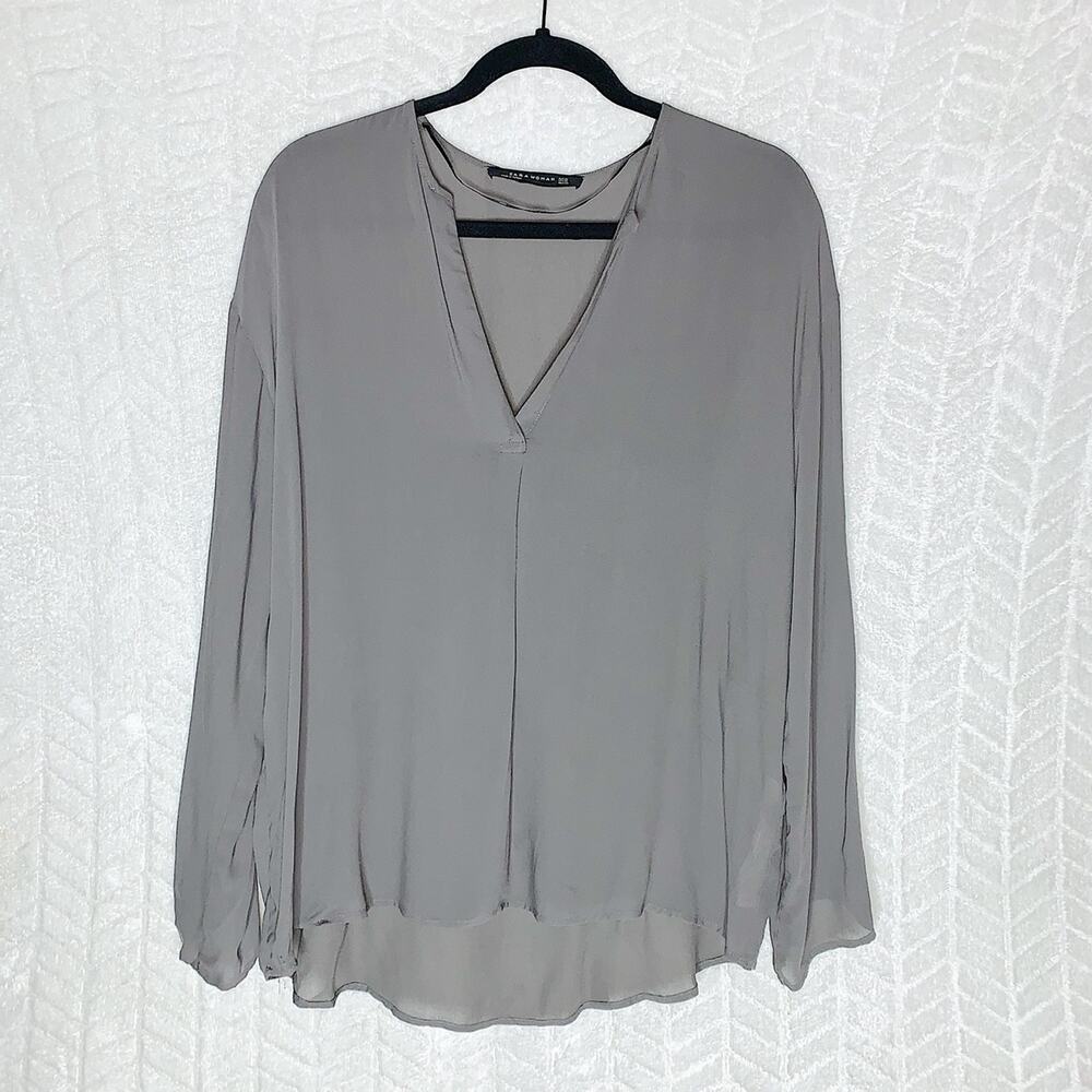 Zara Woman Semi Sheer Flowy Blouse Gray - M